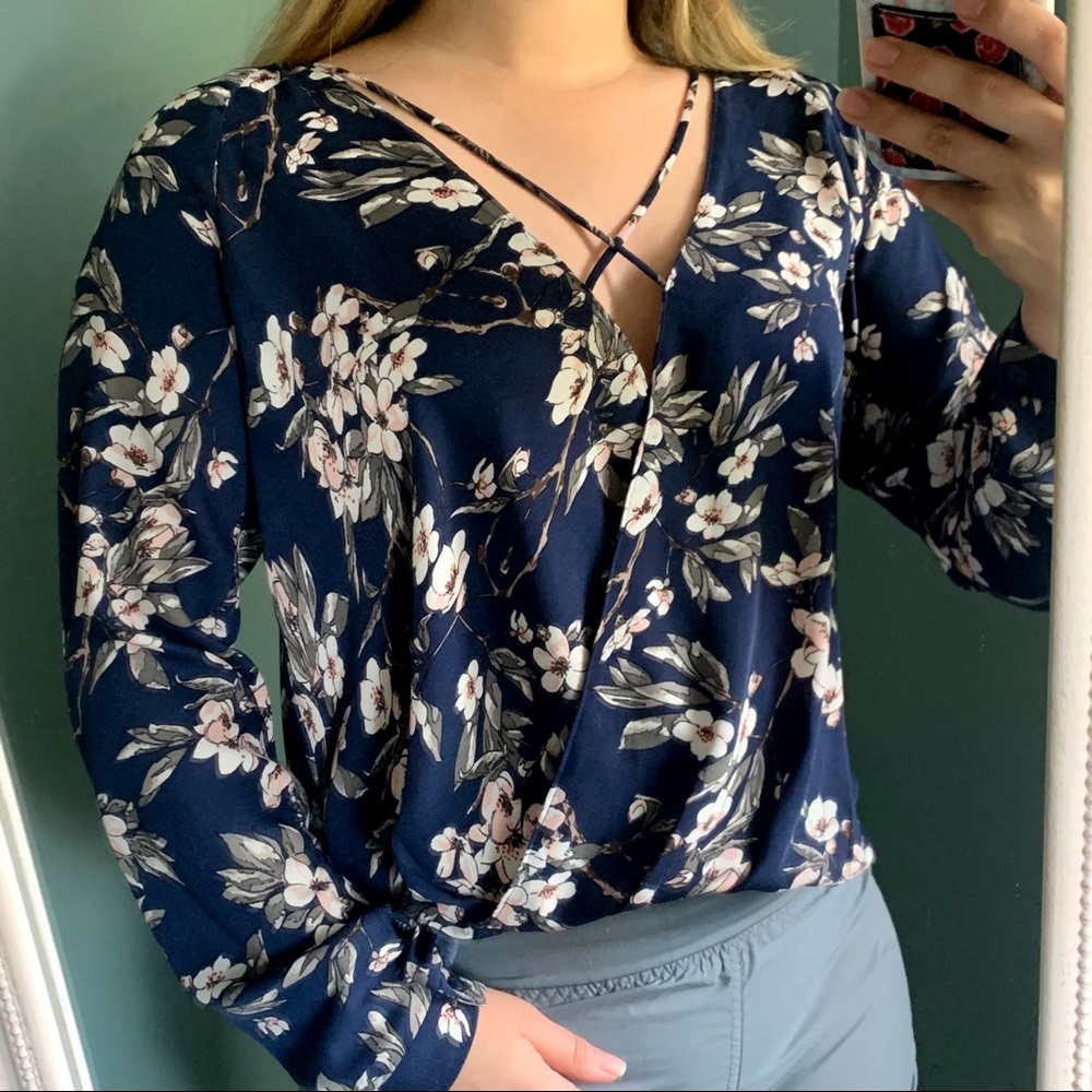LUSH Drapey Navy Blue Floral Blouse
